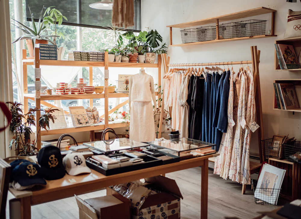 A bright clothing shop interior with garments and hats on display