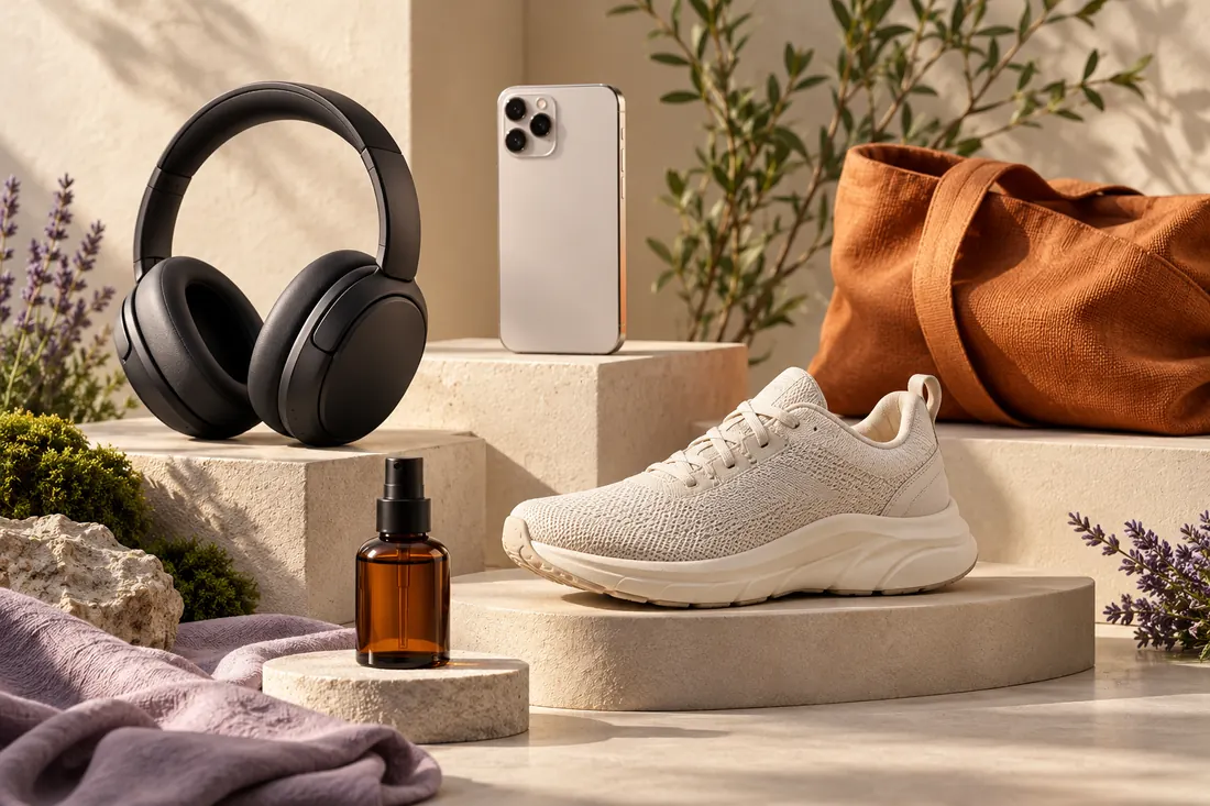 Editorial arrangement of headphones, a phone, a running shoe and personal care products
