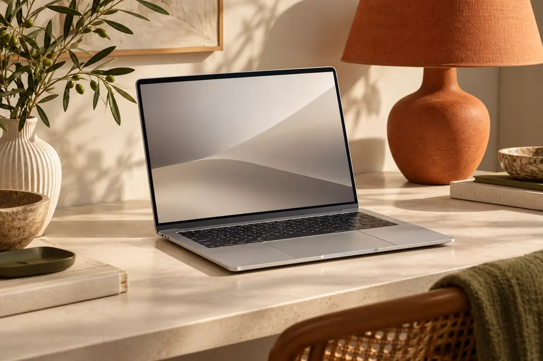 Editorial laptop and thoughtfully arranged workspace